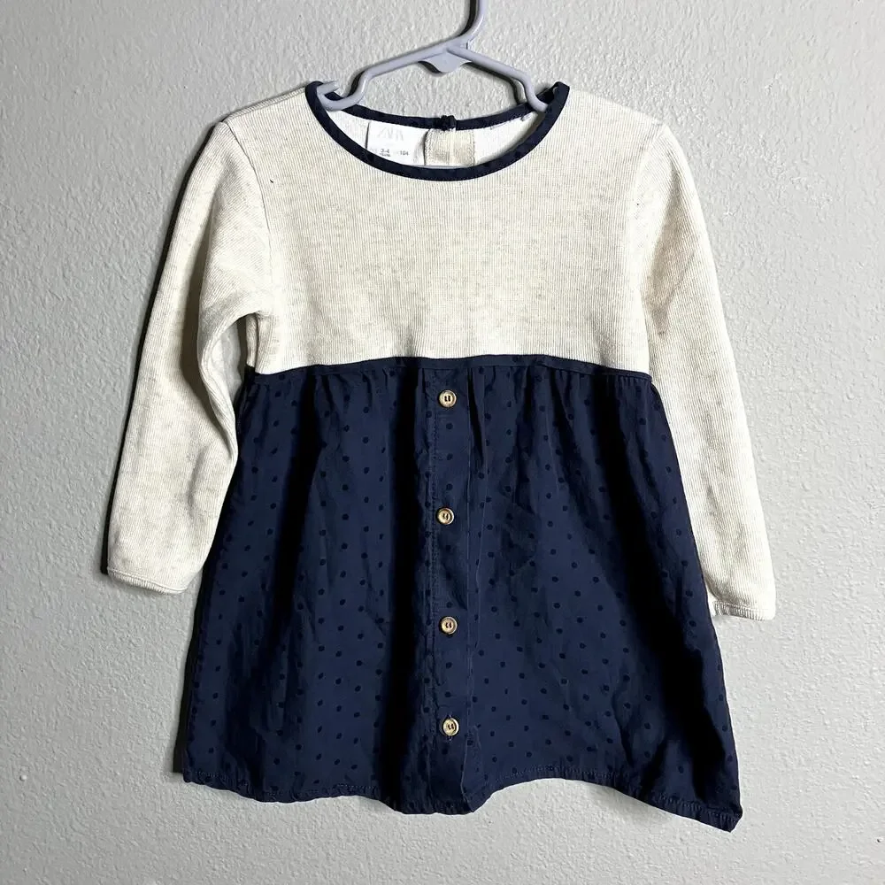 Zara Sweater Dress Size 3-4 Oatmeal Navy Polka Dots
